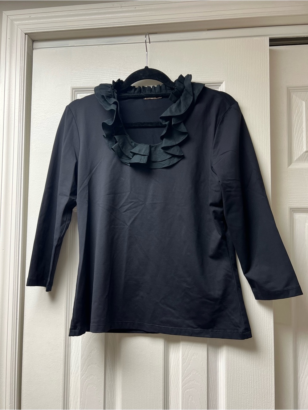 Black Ruffle-Neck 3/4 Sleeve Women's Blouse
